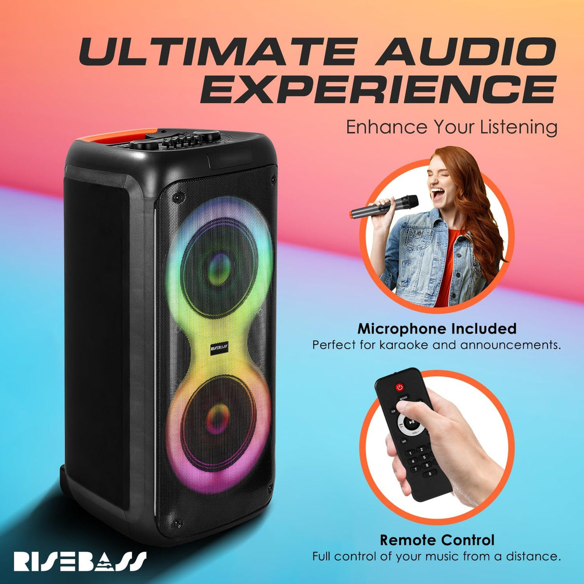 Portable Karaoke Machine with 2 Wireless Mics, Daul 8" Speakers, LED Lights, PA System, Remote, Bass/Treble Adjustment, SD Card/USB, REC Rolling Wheels and Trolley, Auto ducking Function.