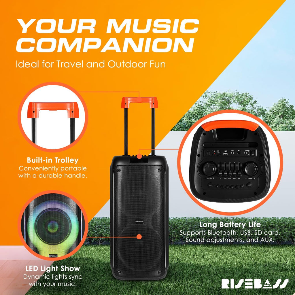 Portable Karaoke Machine with 2 Wireless Mics, Daul 8" Speakers, LED Lights, PA System, Remote, Bass/Treble Adjustment, SD Card/USB, REC Rolling Wheels and Trolley, Auto ducking Function.